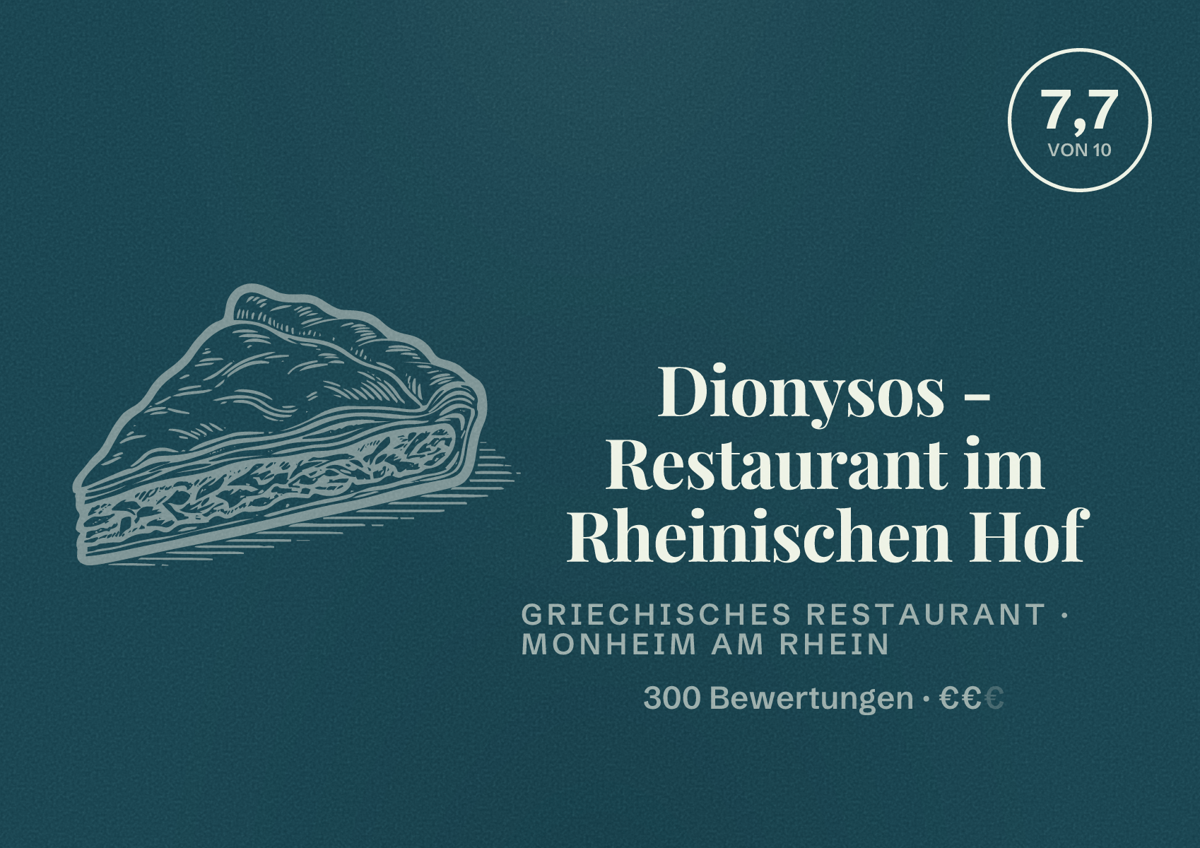 Illustriertes Poster von Dionysos - Restaurant im Rheinischen Hof, Griechisches Restaurant in Monheim am Rhein: Bewertung 7,7 von 10 aus 300 Bewertungen, Preisniveau €€