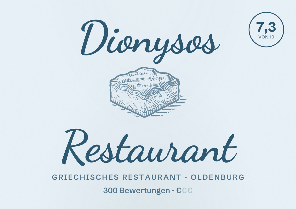 Illustriertes Poster von Dionysos Restaurant, Griechisches Restaurant in Oldenburg: Bewertung 7,3 von 10 aus 300 Bewertungen, Preisniveau €