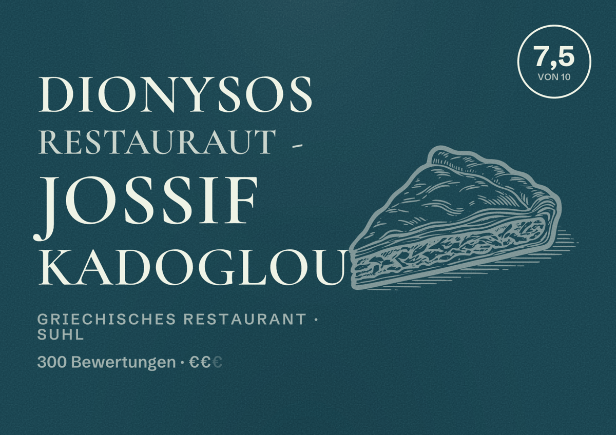 Illustriertes Poster von Dionysos Restauraut - Jossif Kadoglou, Griechisches Restaurant in Suhl: Bewertung 7,5 von 10 aus 300 Bewertungen, Preisniveau €€
