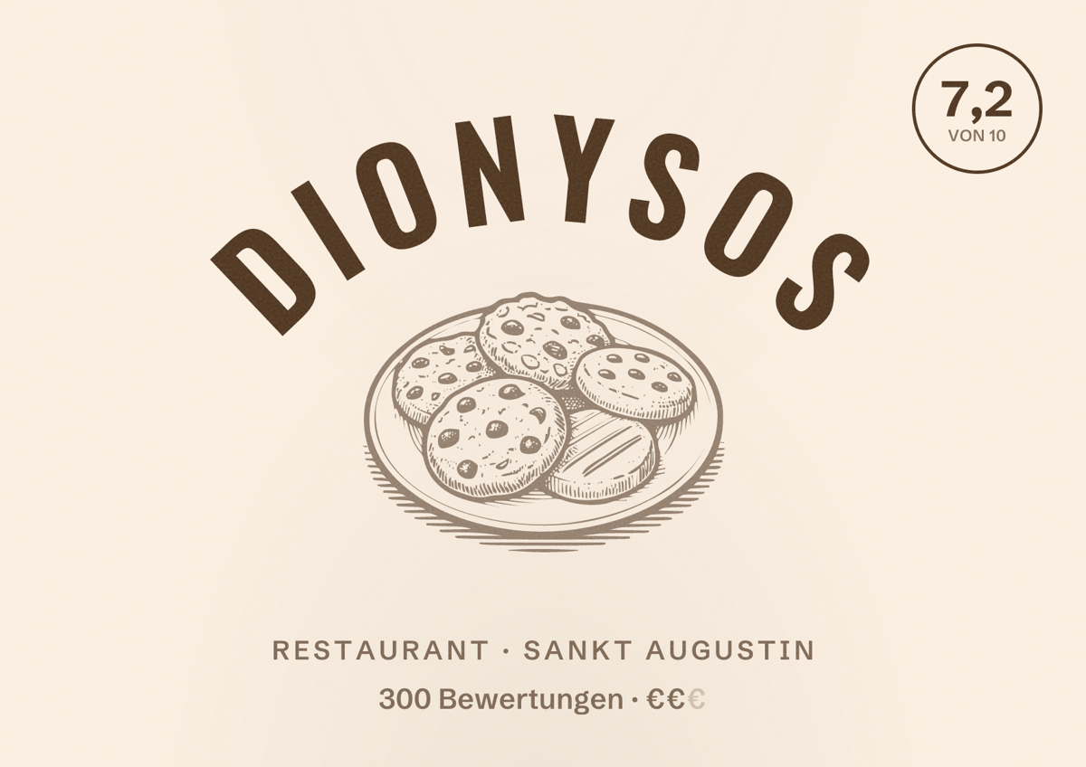 Illustriertes Poster von Dionysos, Restaurant in Sankt Augustin: Bewertung 7,2 von 10 aus 300 Bewertungen, Preisniveau €€