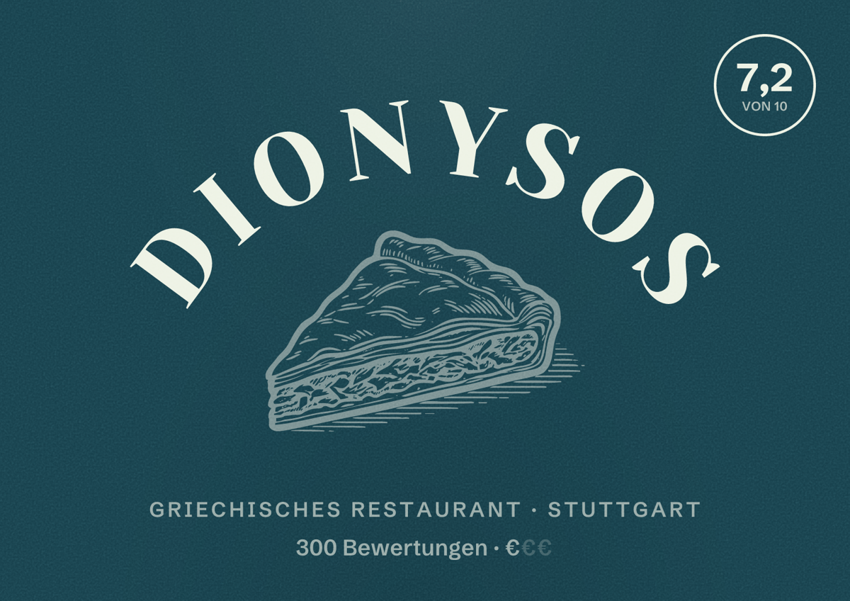 Illustriertes Poster von Dionysos, Griechisches Restaurant in Stuttgart: Bewertung 7,2 von 10 aus 300 Bewertungen, Preisniveau €