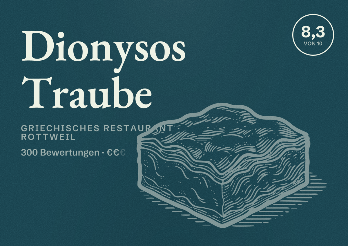Illustriertes Poster von Dionysos Traube, Griechisches Restaurant in Rottweil: Bewertung 8,3 von 10 aus 300 Bewertungen, Preisniveau €€