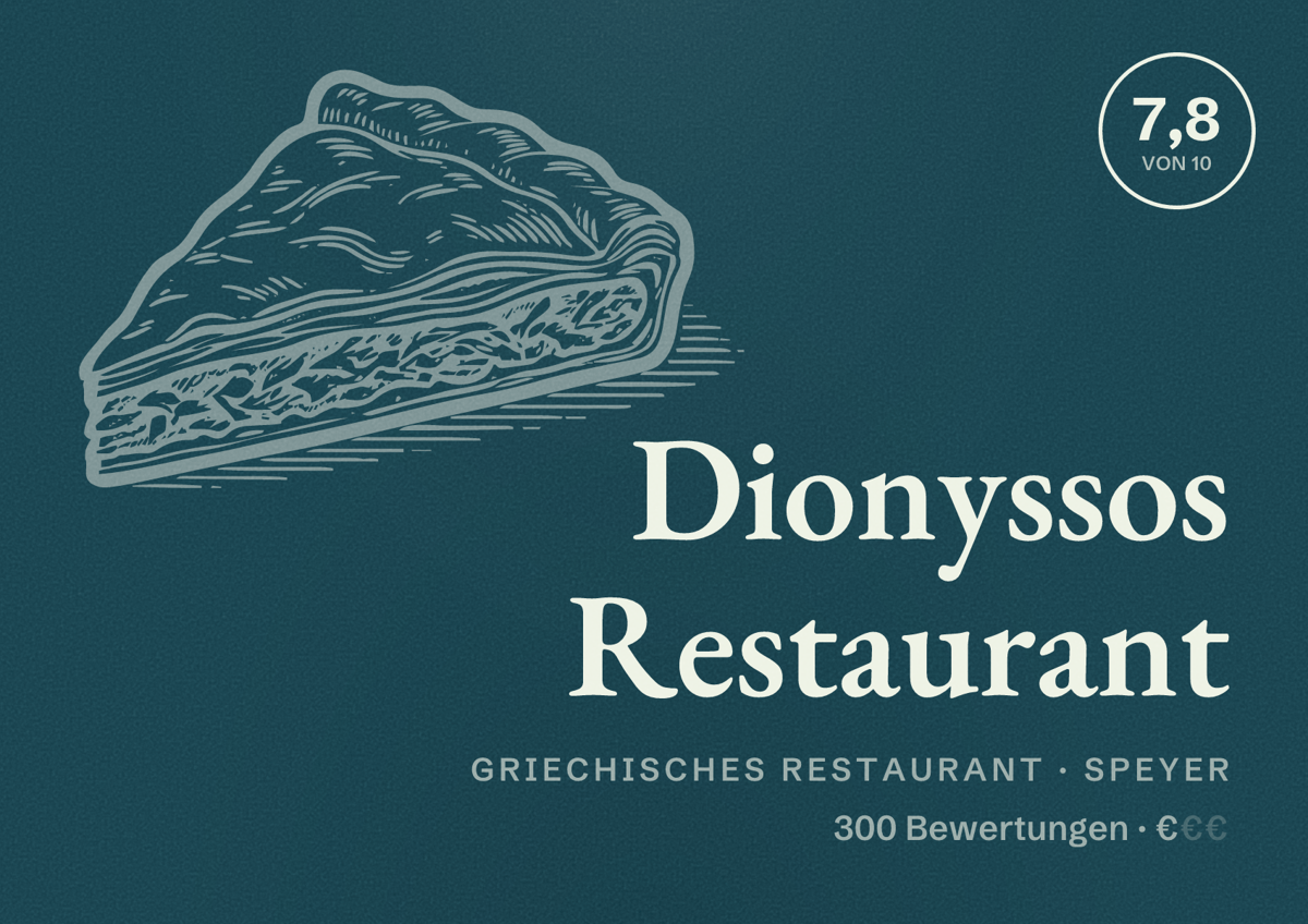 Illustriertes Poster von Dionyssos Restaurant, Griechisches Restaurant in Speyer: Bewertung 7,8 von 10 aus 300 Bewertungen, Preisniveau €