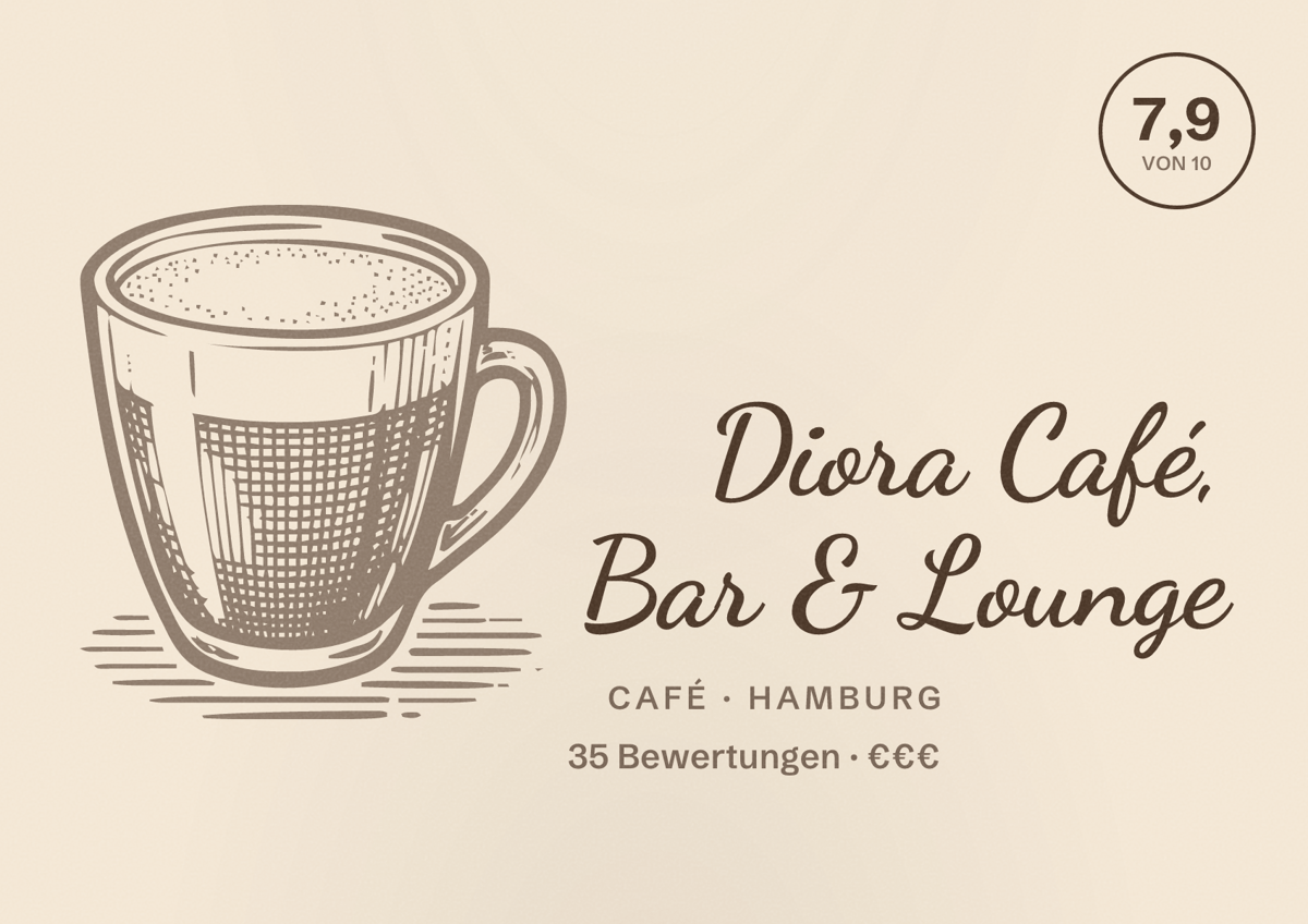Illustriertes Poster von Diora Café, Bar & Lounge, Café in Hamburg: Bewertung 7,9 von 10 aus 35 Bewertungen, Preisniveau €€€