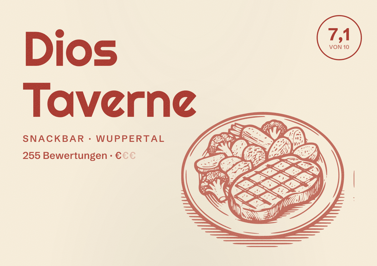 Illustriertes Poster von Dios Taverne, Snackbar in Wuppertal: Bewertung 7,1 von 10 aus 255 Bewertungen, Preisniveau €