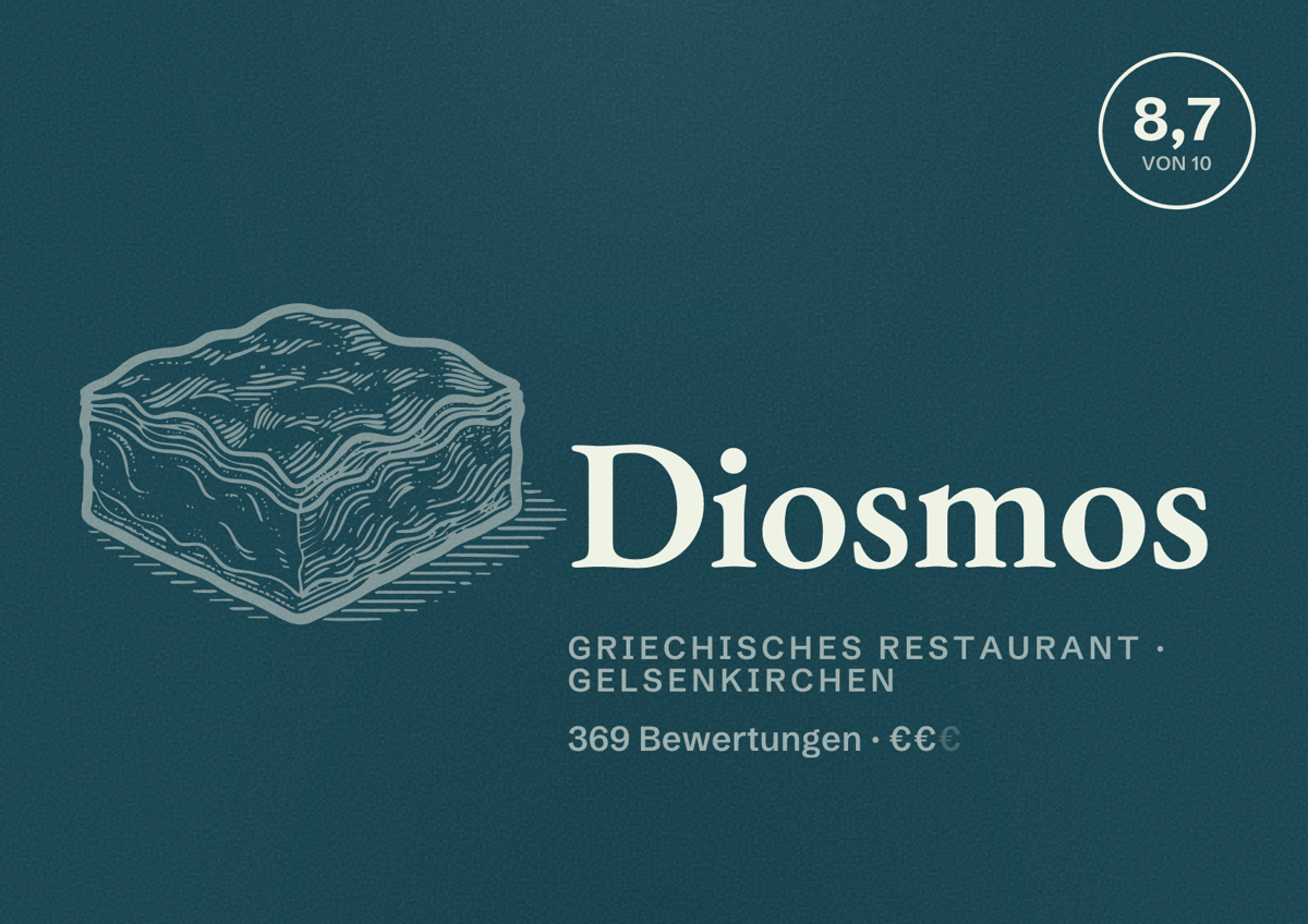 Illustriertes Poster von Diosmos, Griechisches Restaurant in Gelsenkirchen: Bewertung 8,7 von 10 aus 369 Bewertungen, Preisniveau €€