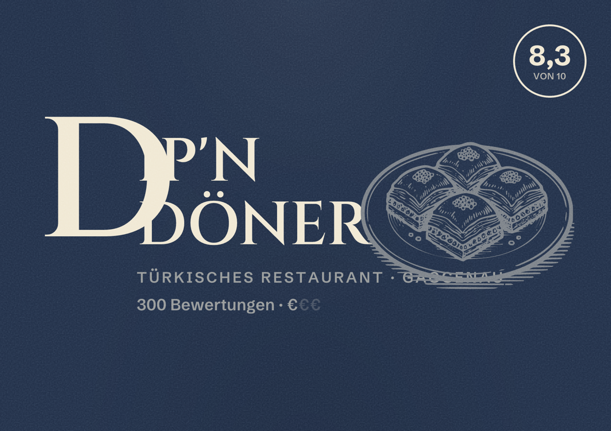 Illustriertes Poster von DIP'N DÖNER, Türkisches Restaurant in Gaggenau: Bewertung 8,3 von 10 aus 300 Bewertungen, Preisniveau €
