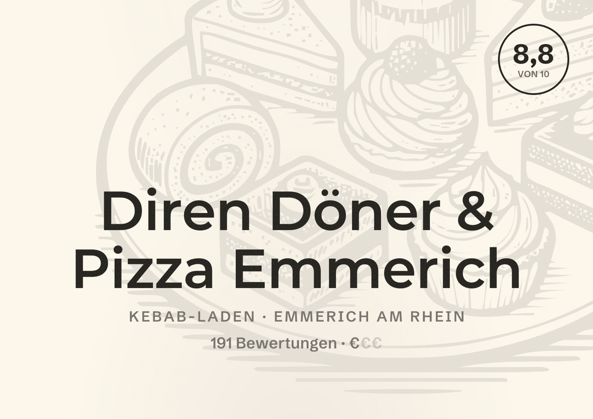 Illustriertes Poster von Diren Döner & Pizza Emmerich, Kebab-Laden in Emmerich am Rhein: Bewertung 8,8 von 10 aus 191 Bewertungen, Preisniveau €