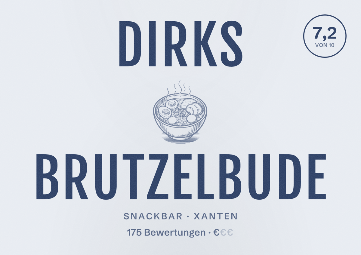 Illustriertes Poster von Dirks Brutzelbude, Snackbar in Xanten: Bewertung 7,2 von 10 aus 175 Bewertungen, Preisniveau €
