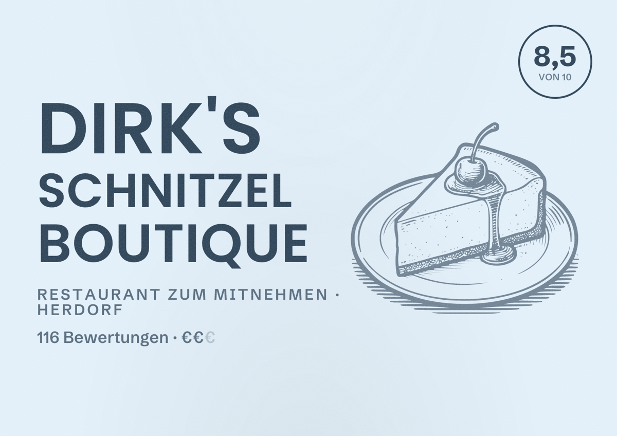 Illustriertes Poster von Dirk's Schnitzel Boutique, Restaurant zum Mitnehmen in Herdorf: Bewertung 8,5 von 10 aus 116 Bewertungen, Preisniveau €€