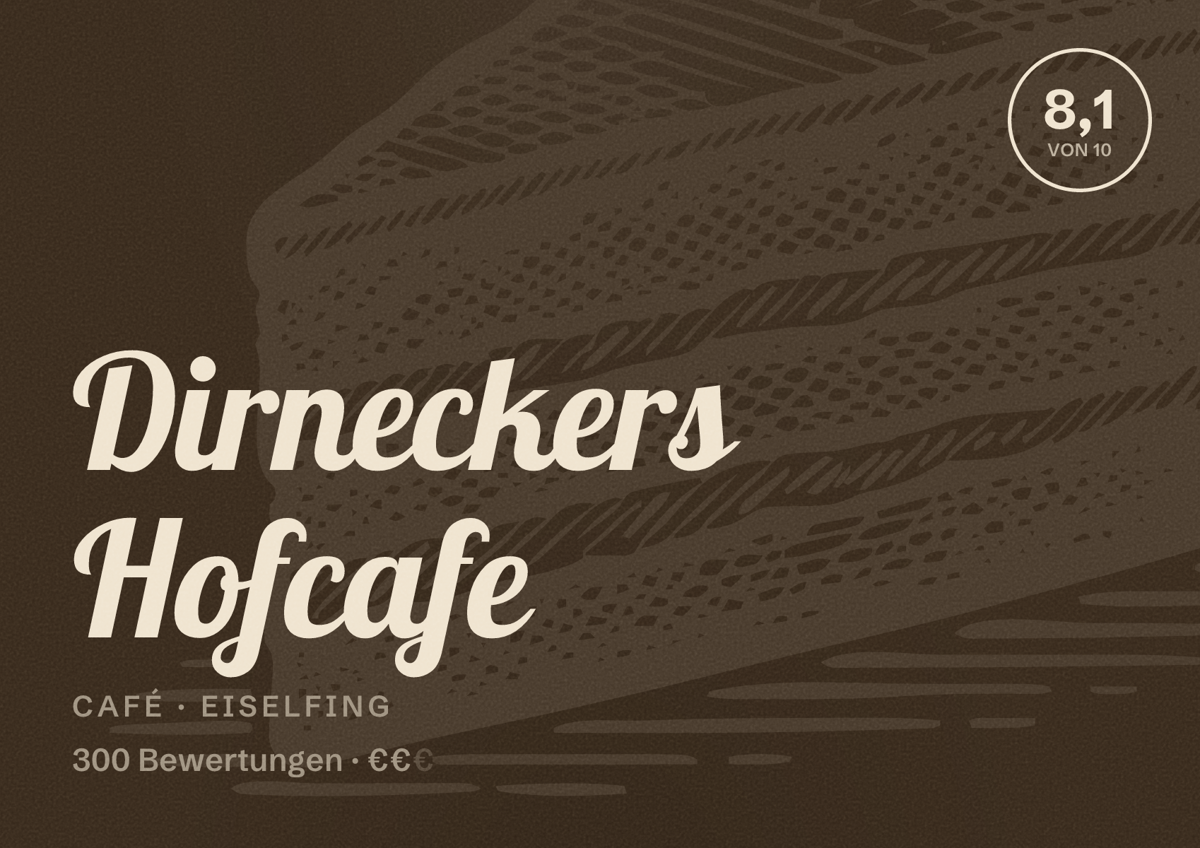 Illustriertes Poster von Dirneckers Hofcafe, Café in Eiselfing: Bewertung 8,1 von 10 aus 300 Bewertungen, Preisniveau €€