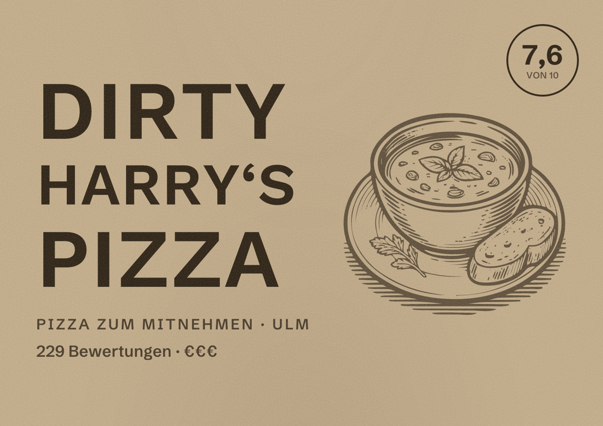 Illustriertes Poster von Dirty Harry‘s Pizza, Pizza zum Mitnehmen in Ulm: Bewertung 7,6 von 10 aus 229 Bewertungen, Preisniveau €€€
