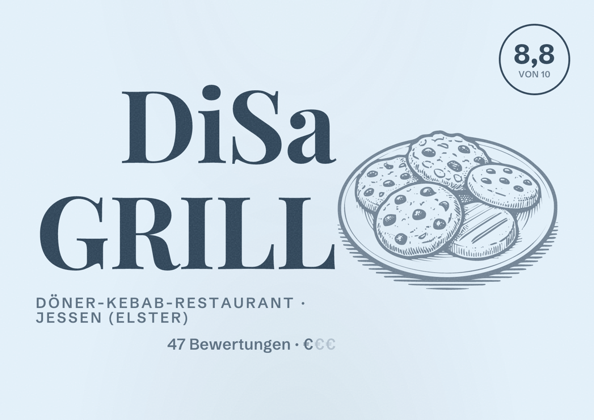 Illustriertes Poster von DiSa GRILL, Döner-Kebab-Restaurant in Jessen (Elster): Bewertung 8,8 von 10 aus 47 Bewertungen, Preisniveau €