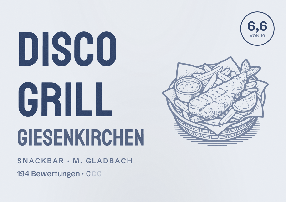 Illustriertes Poster von Disco Grill Giesenkirchen, Snackbar in M. Gladbach: Bewertung 6,6 von 10 aus 194 Bewertungen, Preisniveau €