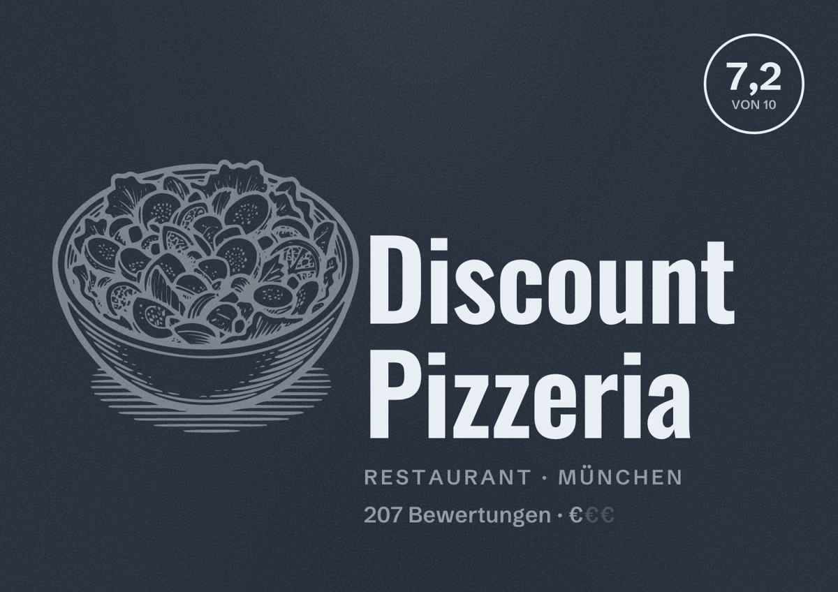 Illustriertes Poster von Discount Pizzeria, Restaurant in München: Bewertung 7,2 von 10 aus 207 Bewertungen, Preisniveau €