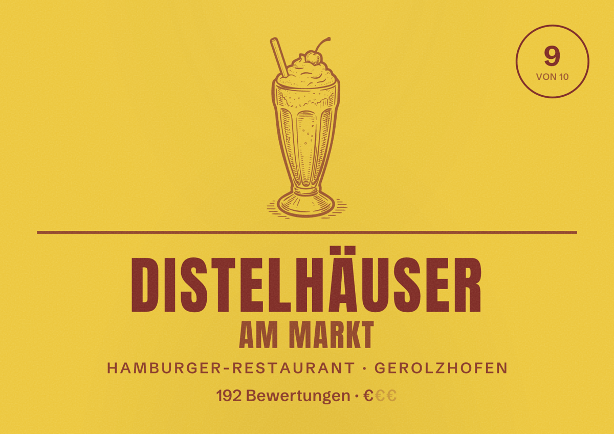 Illustriertes Poster von Distelhäuser am Markt, Hamburger-Restaurant in Gerolzhofen: Bewertung 9 von 10 aus 192 Bewertungen, Preisniveau €