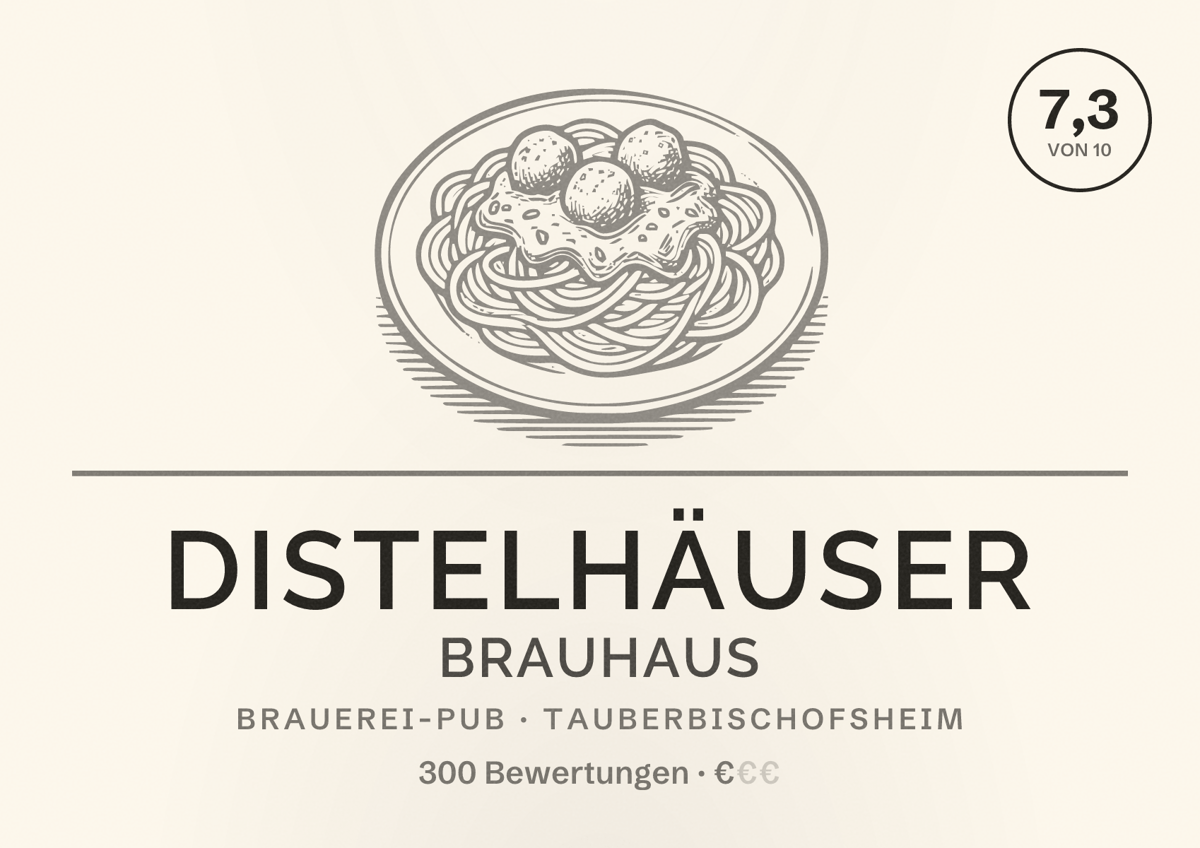 Illustriertes Poster von Distelhäuser Brauhaus, Brauerei-Pub in Tauberbischofsheim: Bewertung 7,3 von 10 aus 300 Bewertungen, Preisniveau €
