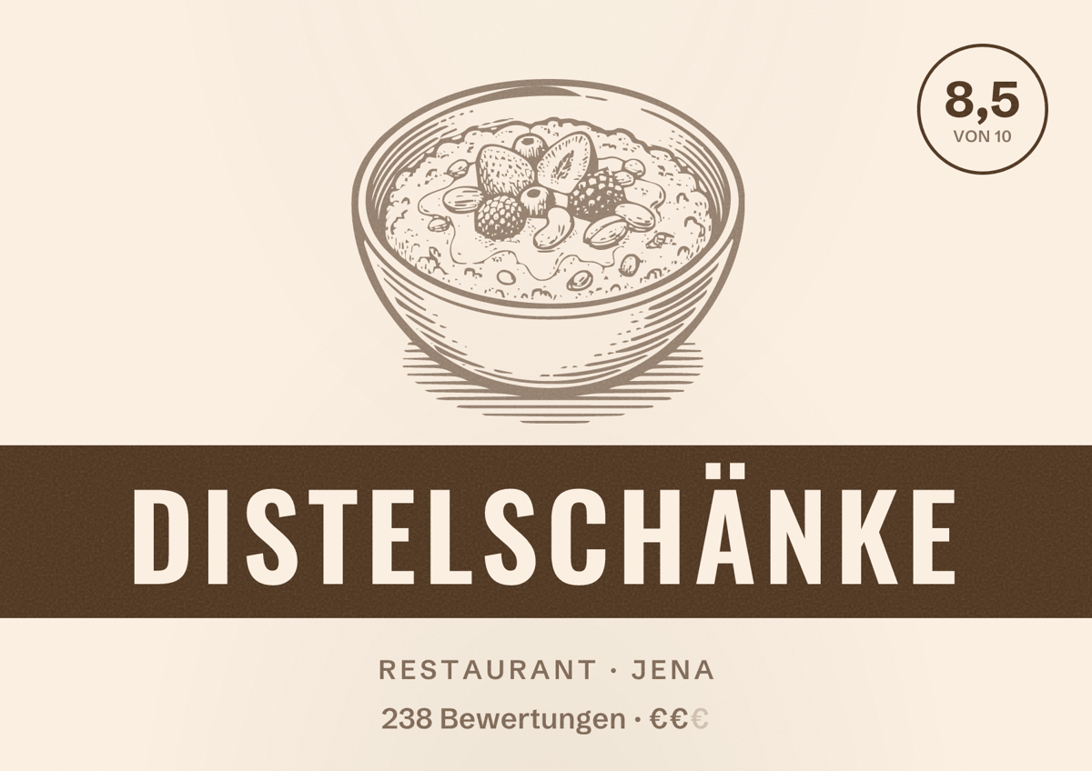 Illustriertes Poster von Distelschänke, Restaurant in Jena: Bewertung 8,5 von 10 aus 238 Bewertungen, Preisniveau €€