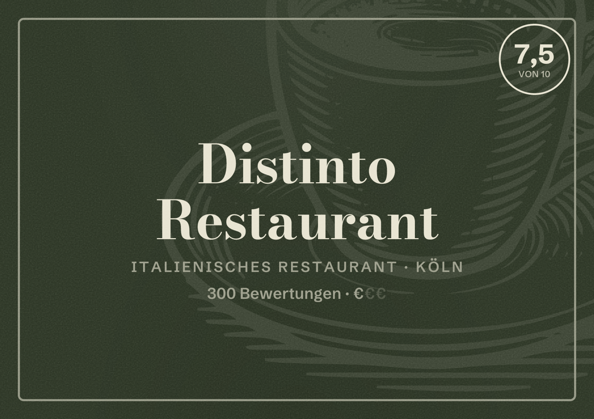 Illustriertes Poster von Distinto Restaurant, Italienisches Restaurant in Köln: Bewertung 7,5 von 10 aus 300 Bewertungen, Preisniveau €