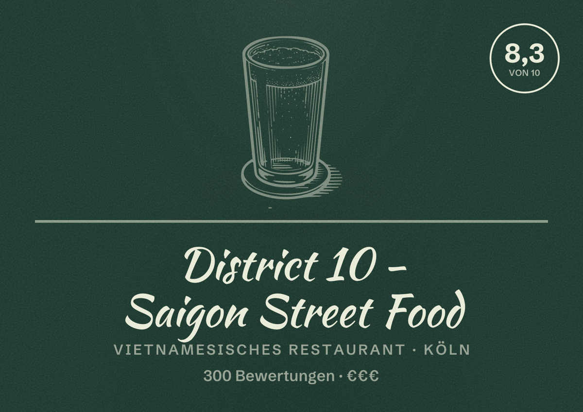 Illustriertes Poster von District 10 - Saigon Street Food, Vietnamesisches Restaurant in Köln: Bewertung 8,3 von 10 aus 300 Bewertungen, Preisniveau €€€