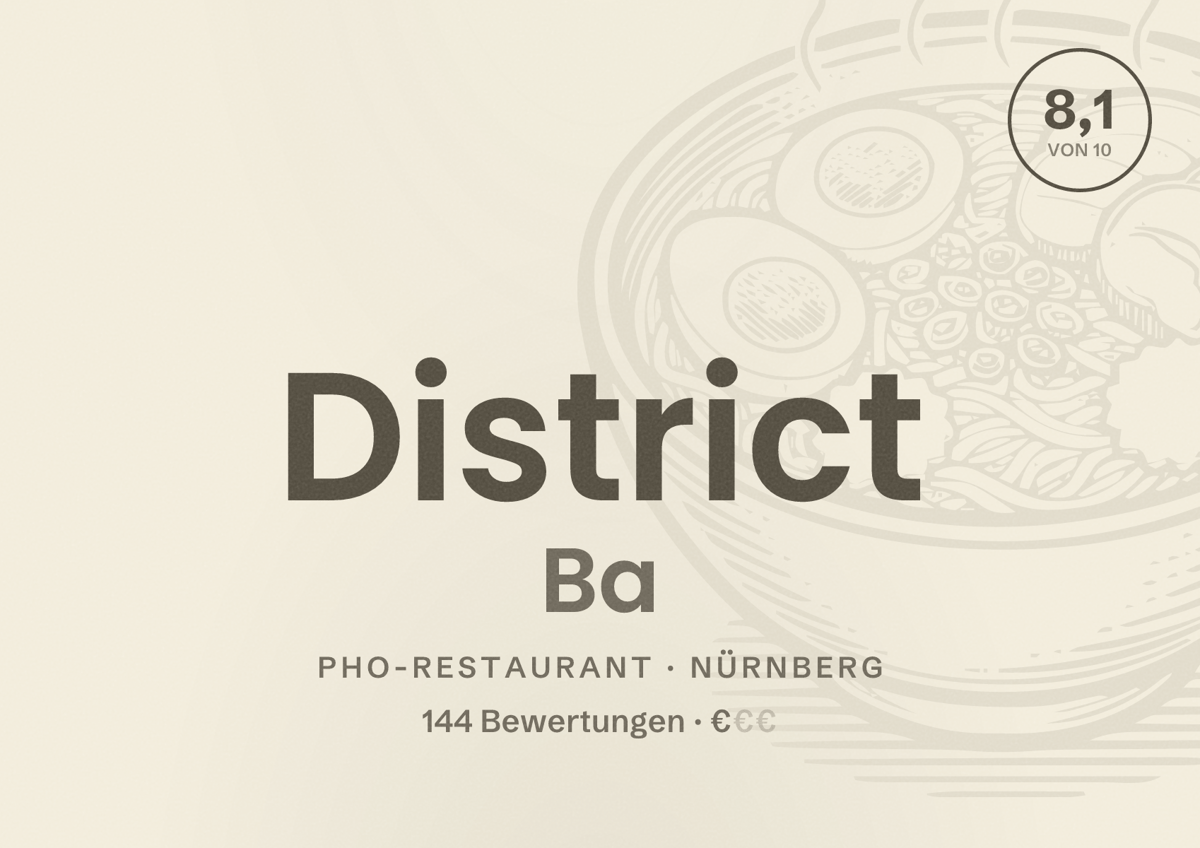 Illustriertes Poster von District Ba, Pho-Restaurant in Nürnberg: Bewertung 8,1 von 10 aus 144 Bewertungen, Preisniveau €