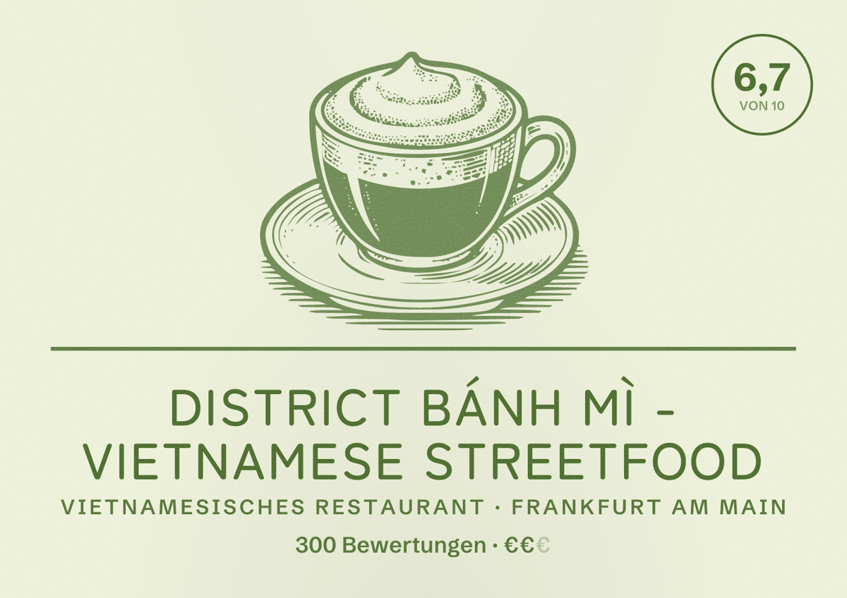 Illustriertes Poster von DISTRICT Bánh Mì - Vietnamese Streetfood, Vietnamesisches Restaurant in Frankfurt am Main: Bewertung 6,7 von 10 aus 300 Bewertungen, Preisniveau €€