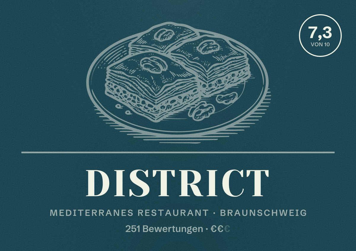 Illustriertes Poster von District, Mediterranes Restaurant in Braunschweig: Bewertung 7,3 von 10 aus 251 Bewertungen, Preisniveau €€