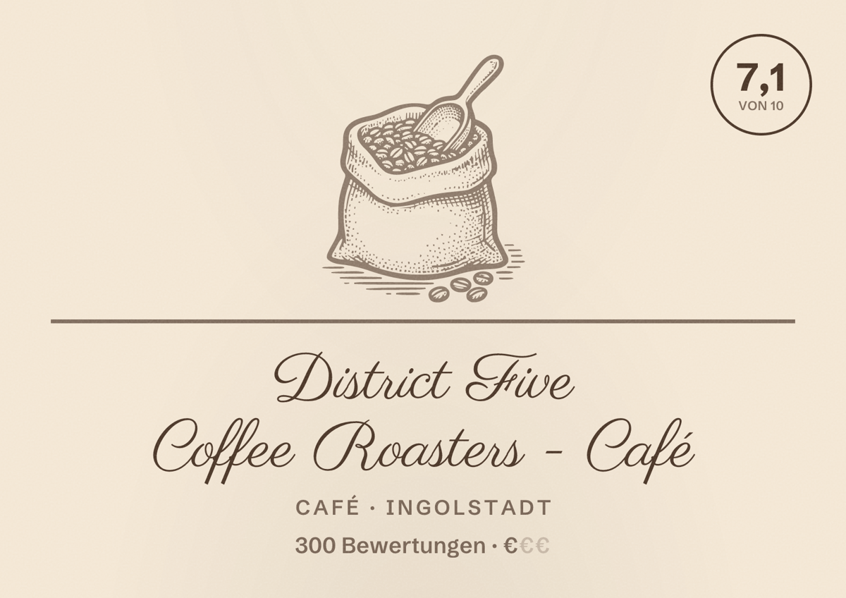 Illustriertes Poster von District Five Coffee Roasters - Café, Café in Ingolstadt: Bewertung 7,1 von 10 aus 300 Bewertungen, Preisniveau €