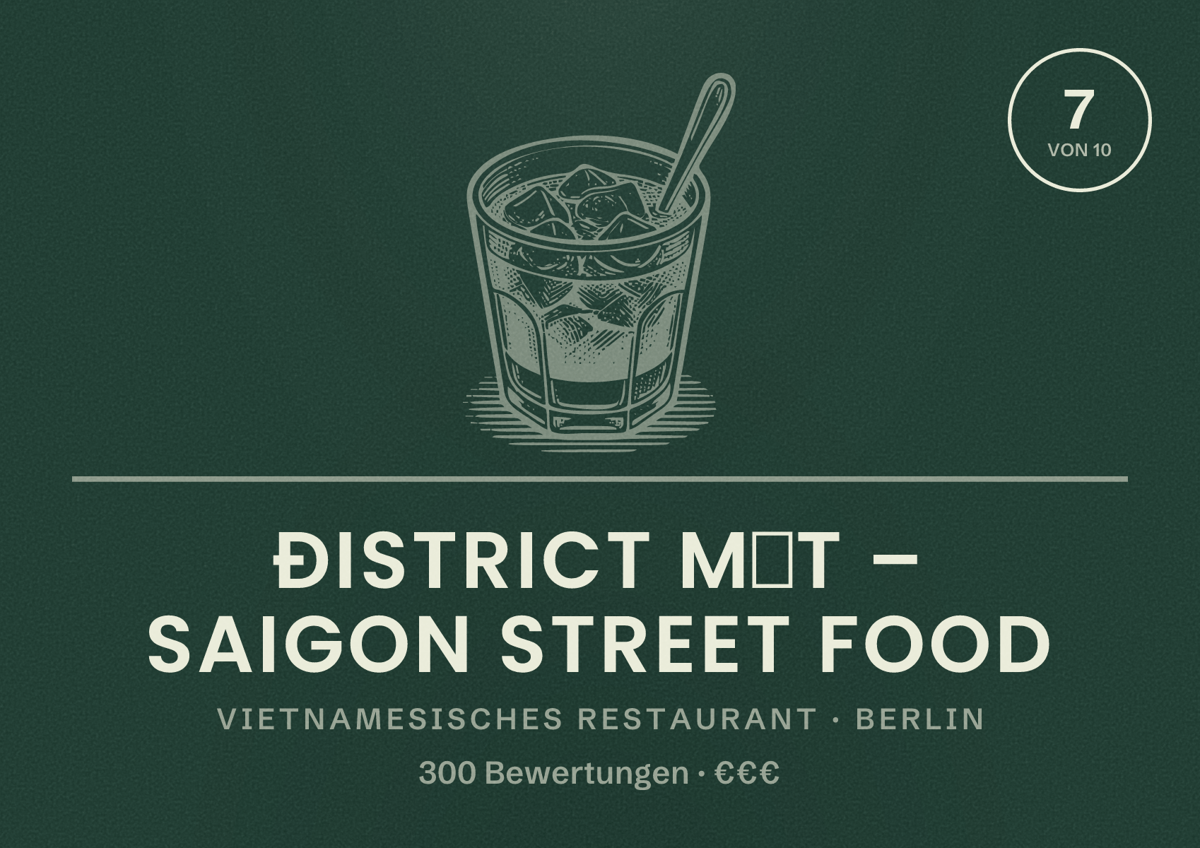 Illustriertes Poster von Đistrict Một – Saigon Street Food, Vietnamesisches Restaurant in Berlin: Bewertung 7,0 von 10 aus 300 Bewertungen, Preisniveau €€€