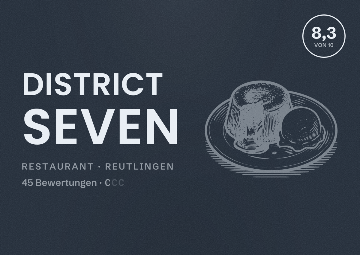 Illustriertes Poster von District Seven, Restaurant in Reutlingen: Bewertung 8,3 von 10 aus 45 Bewertungen, Preisniveau €