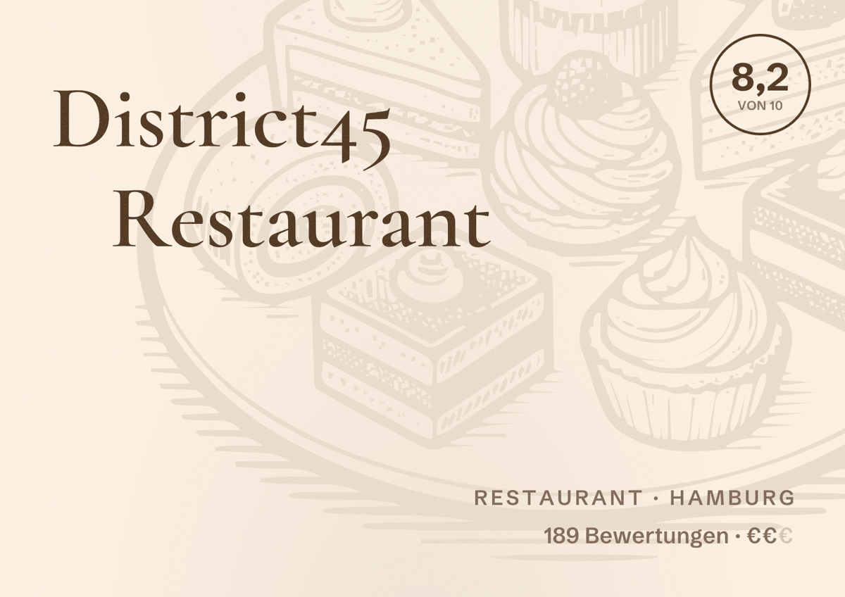 Illustriertes Poster von District45 Restaurant, Restaurant in Hamburg: Bewertung 8,2 von 10 aus 189 Bewertungen, Preisniveau €€