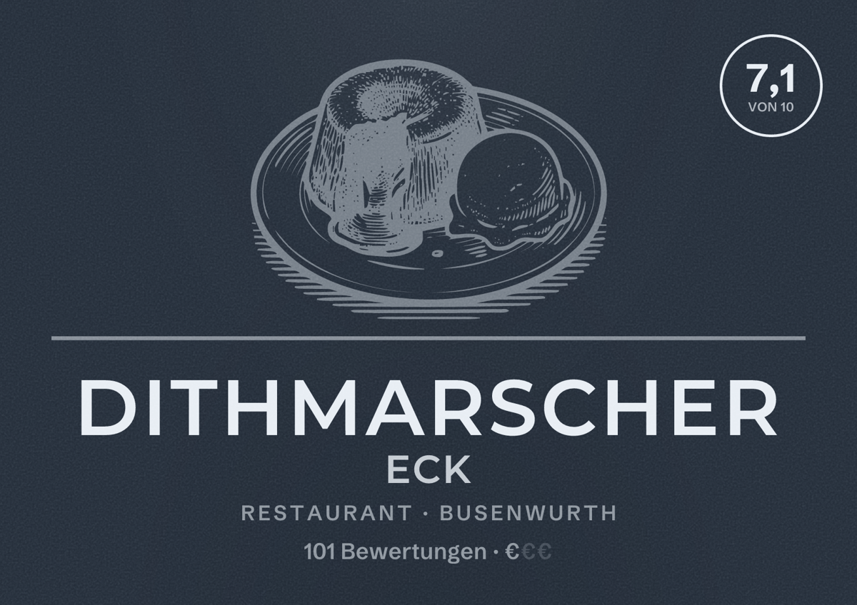 Illustriertes Poster von Dithmarscher Eck, Restaurant in Busenwurth: Bewertung 7,1 von 10 aus 101 Bewertungen, Preisniveau €