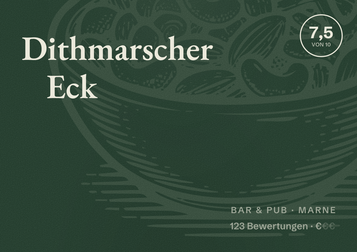 Illustriertes Poster von Dithmarscher Eck, Bar & Pub in Marne: Bewertung 7,5 von 10 aus 123 Bewertungen, Preisniveau €