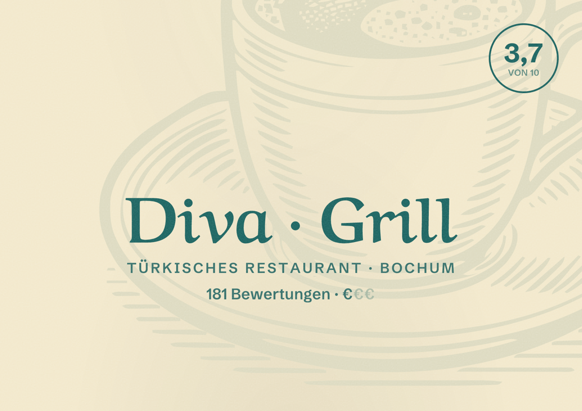 Illustriertes Poster von Diva Grill, Türkisches Restaurant in Bochum: Bewertung 3,7 von 10 aus 181 Bewertungen, Preisniveau €