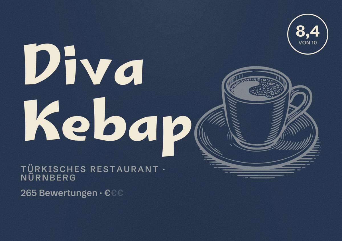 Illustriertes Poster von Diva Kebap, Türkisches Restaurant in Nürnberg: Bewertung 8,4 von 10 aus 265 Bewertungen, Preisniveau €