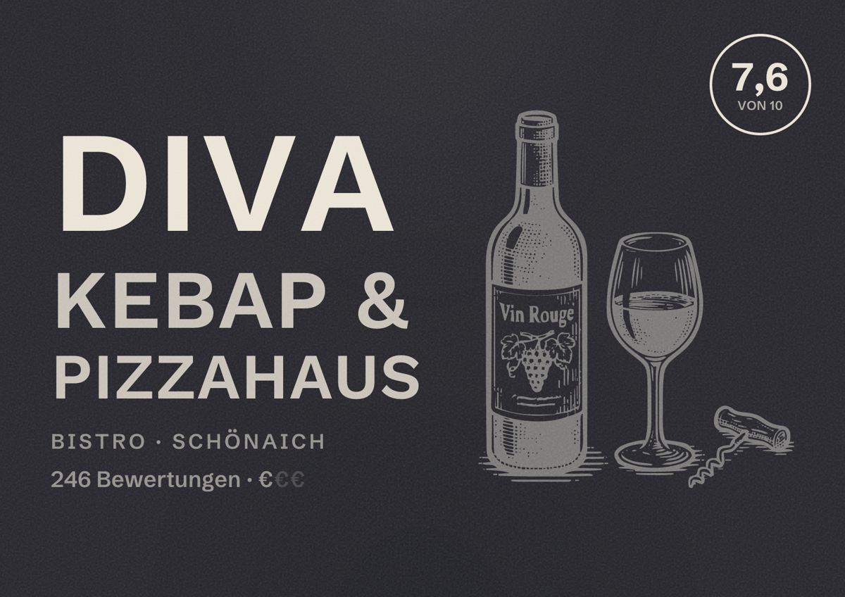 Illustriertes Poster von Diva Kebap & Pizzahaus, Bistro in Schönaich: Bewertung 7,6 von 10 aus 246 Bewertungen, Preisniveau €