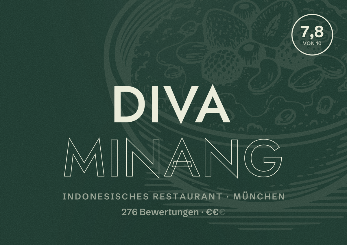 Illustriertes Poster von Diva Minang, Indonesisches Restaurant in München: Bewertung 7,8 von 10 aus 276 Bewertungen, Preisniveau €€