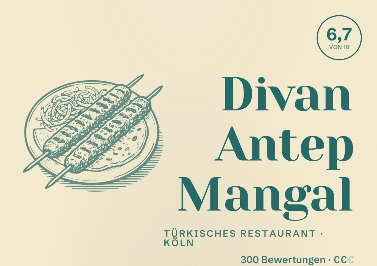 Illustriertes Poster von Divan Antep Mangal, Türkisches Restaurant in Köln: Bewertung 6,7 von 10 aus 300 Bewertungen, Preisniveau €€