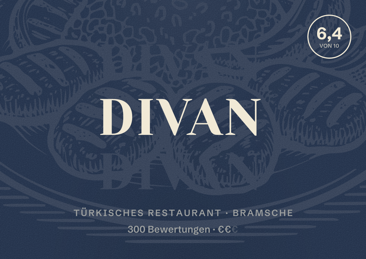 Illustriertes Poster von Divan, Türkisches Restaurant in Bramsche: Bewertung 6,4 von 10 aus 300 Bewertungen, Preisniveau €€