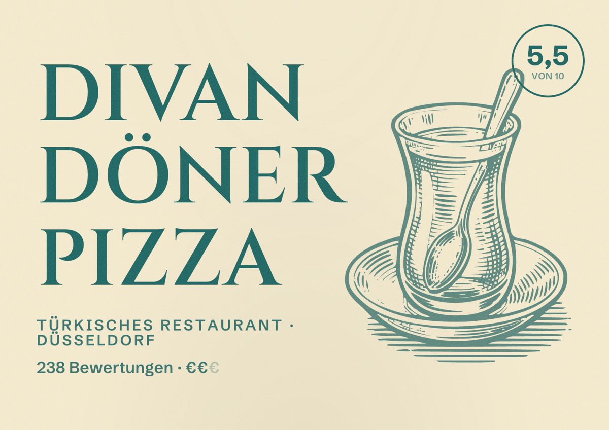 Illustriertes Poster von Divan Döner Pizza, Türkisches Restaurant in Düsseldorf: Bewertung 5,5 von 10 aus 238 Bewertungen, Preisniveau €€