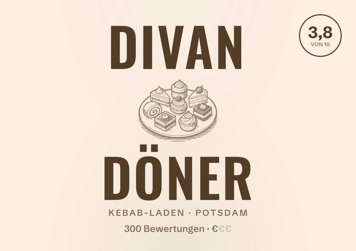 Illustriertes Poster von Divan Döner, Kebab-Laden in Potsdam: Bewertung 3,8 von 10 aus 300 Bewertungen, Preisniveau €