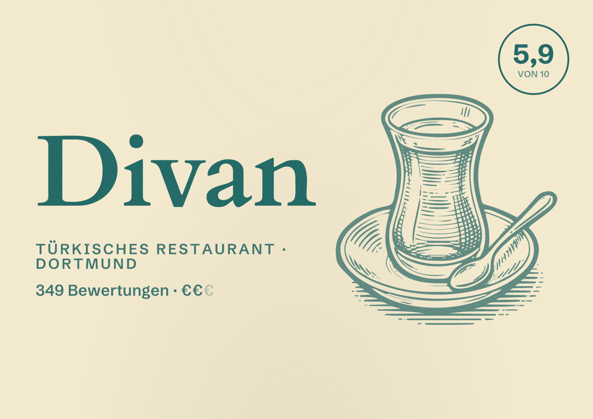 Illustriertes Poster von Divan, Türkisches Restaurant in Dortmund: Bewertung 5,9 von 10 aus 349 Bewertungen, Preisniveau €€