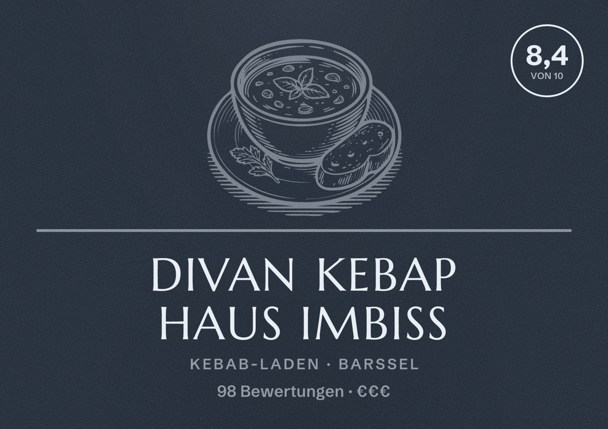 Illustriertes Poster von Divan Kebap Haus Imbiss, Kebab-Laden in Barßel: Bewertung 8,4 von 10 aus 98 Bewertungen, Preisniveau €€€