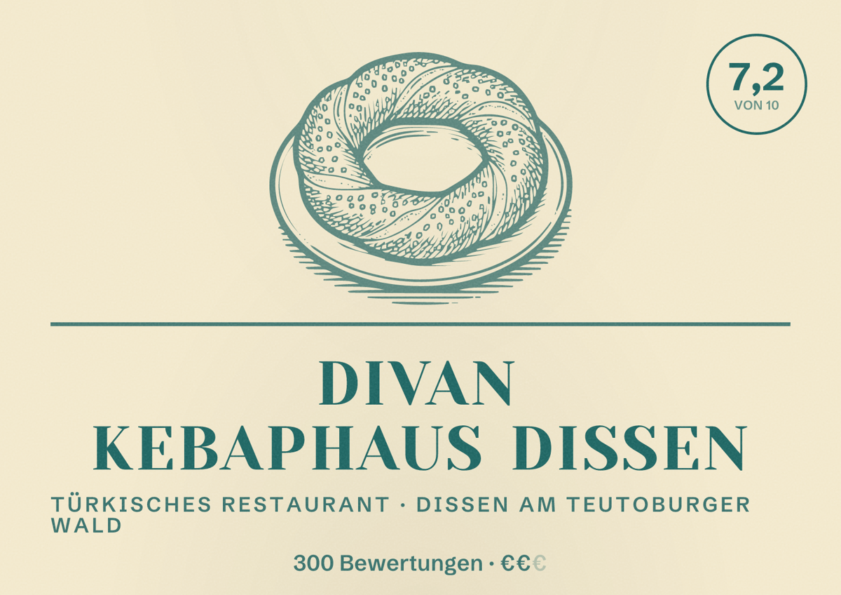 Illustriertes Poster von Divan Kebaphaus Dissen, Türkisches Restaurant in Dissen am Teutoburger Wald: Bewertung 7,2 von 10 aus 300 Bewertungen, Preisniveau €€