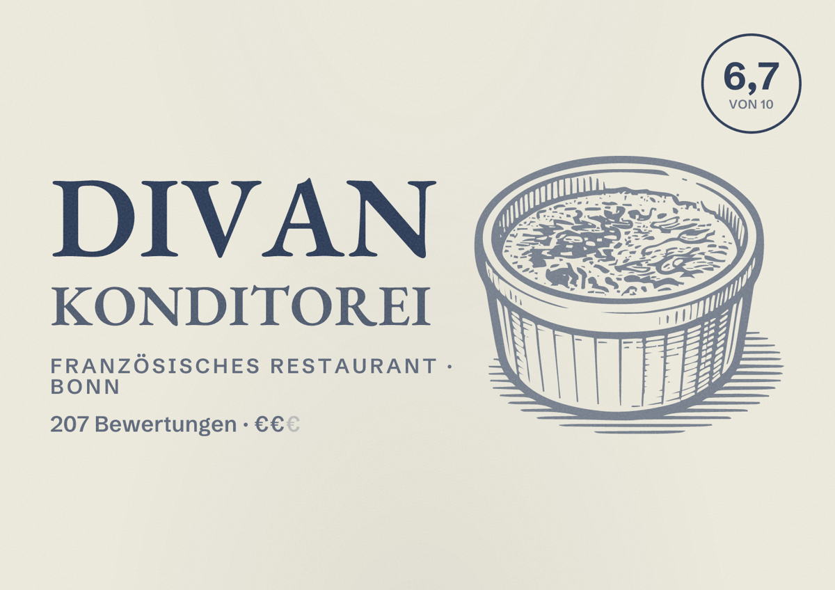 Illustriertes Poster von Divan Konditorei, Französisches Restaurant in Bonn: Bewertung 6,7 von 10 aus 207 Bewertungen, Preisniveau €€