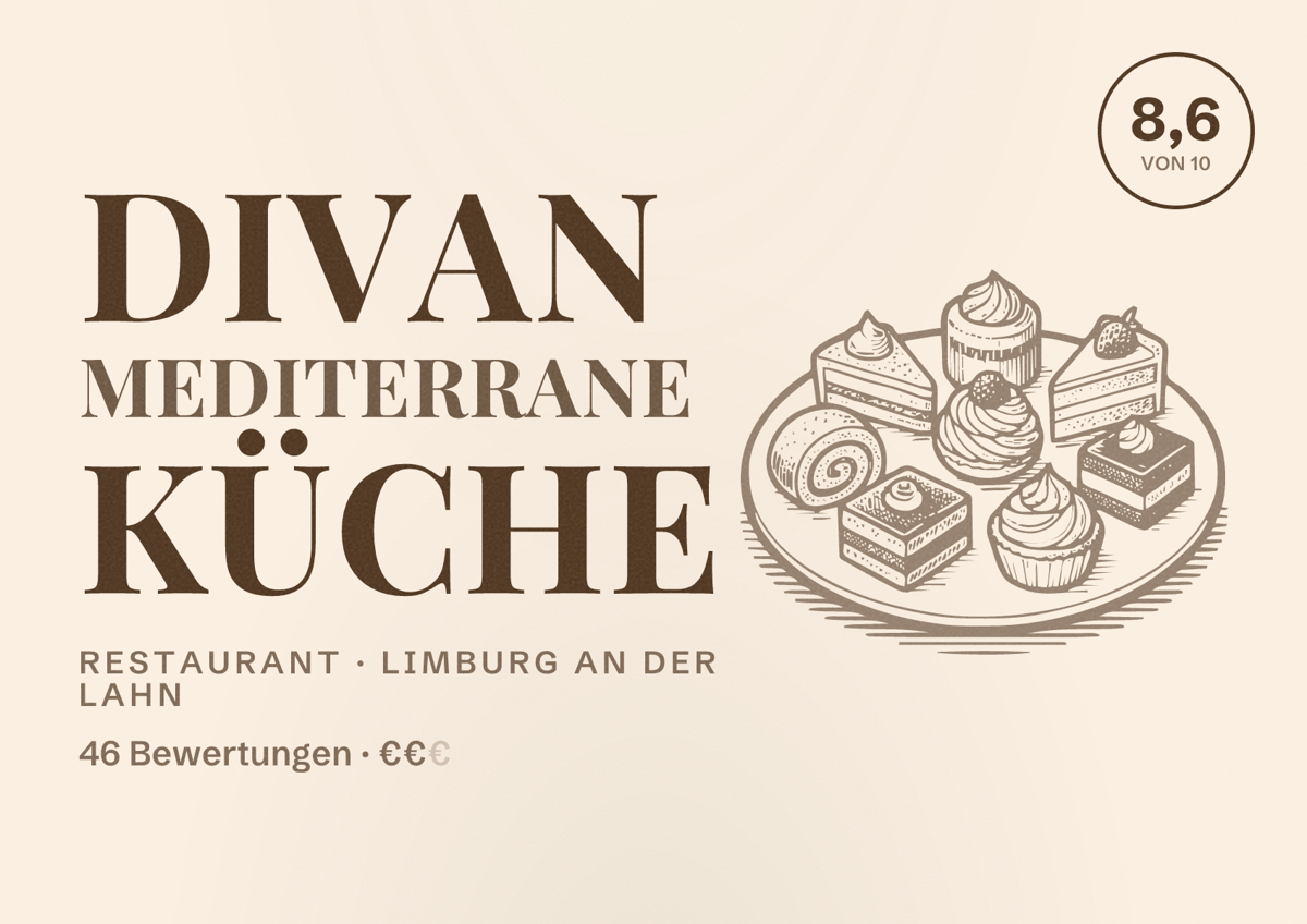 Illustriertes Poster von Divan Mediterrane Küche, Restaurant in Limburg an der Lahn: Bewertung 8,6 von 10 aus 46 Bewertungen, Preisniveau €€