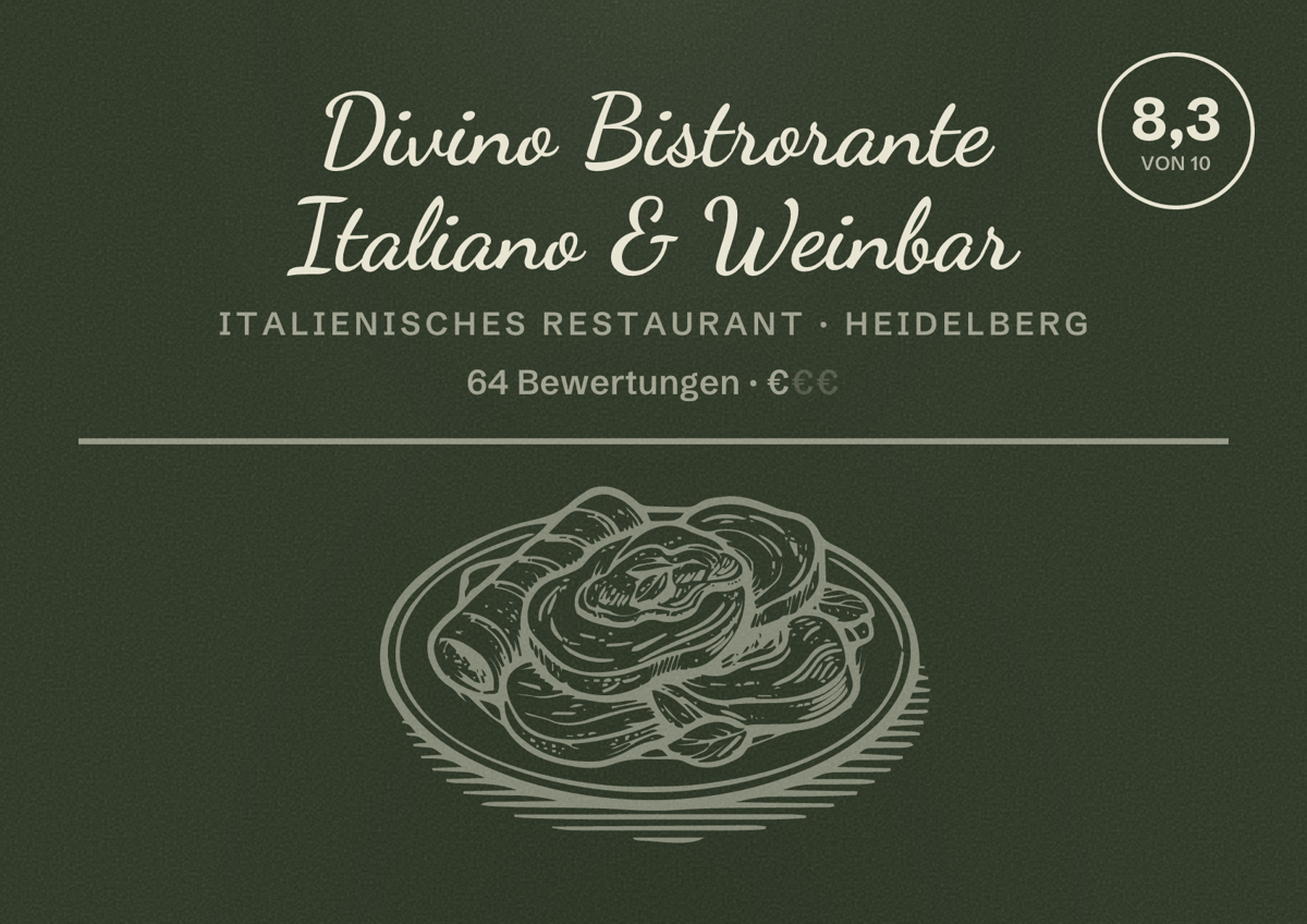 Illustriertes Poster von Divino Bistrorante Italiano & Weinbar, Italienisches Restaurant in Heidelberg: Bewertung 8,3 von 10 aus 64 Bewertungen, Preisniveau €