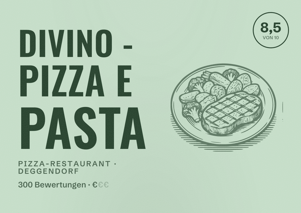 Illustriertes Poster von DiVino - Pizza e Pasta, Pizza-Restaurant in Deggendorf: Bewertung 8,5 von 10 aus 300 Bewertungen, Preisniveau €