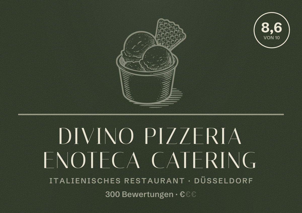 Illustriertes Poster von Divino Pizzeria Enoteca Catering, Italienisches Restaurant in Düsseldorf: Bewertung 8,6 von 10 aus 300 Bewertungen, Preisniveau €