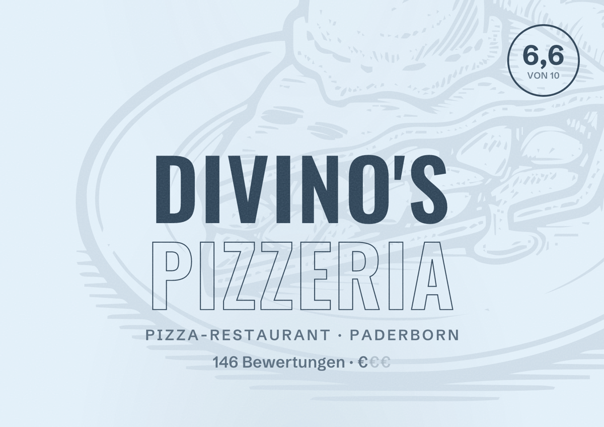 Illustriertes Poster von Divino's Pizzeria, Pizza-Restaurant in Paderborn: Bewertung 6,6 von 10 aus 146 Bewertungen, Preisniveau €
